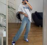 Vintage Streetwear Ripped Jeans for Women Blue High Waist Straight Leg Pants Female Clothes Y2k Hole Pantalones Mom Jeans Woman