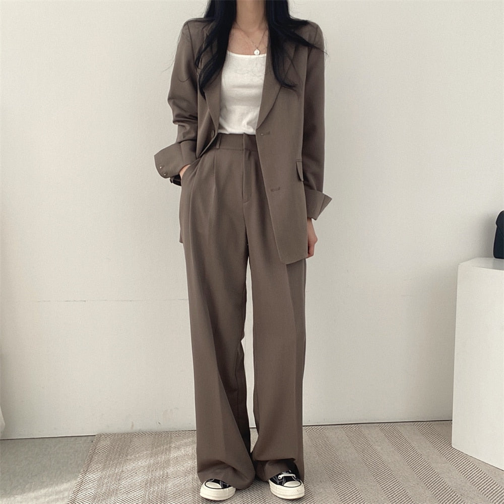Fashion Lady Chic Two Pieces Sets  Autumn Loose Blazers Elegant Suits Straight Formal Solid 2022 High Waist Pants