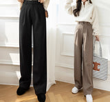 Peneran Woolen Wide Leg Pants Black Khaki Winter Korean Style Women Trousers High Waist Loose Straight Mopping Long Pants