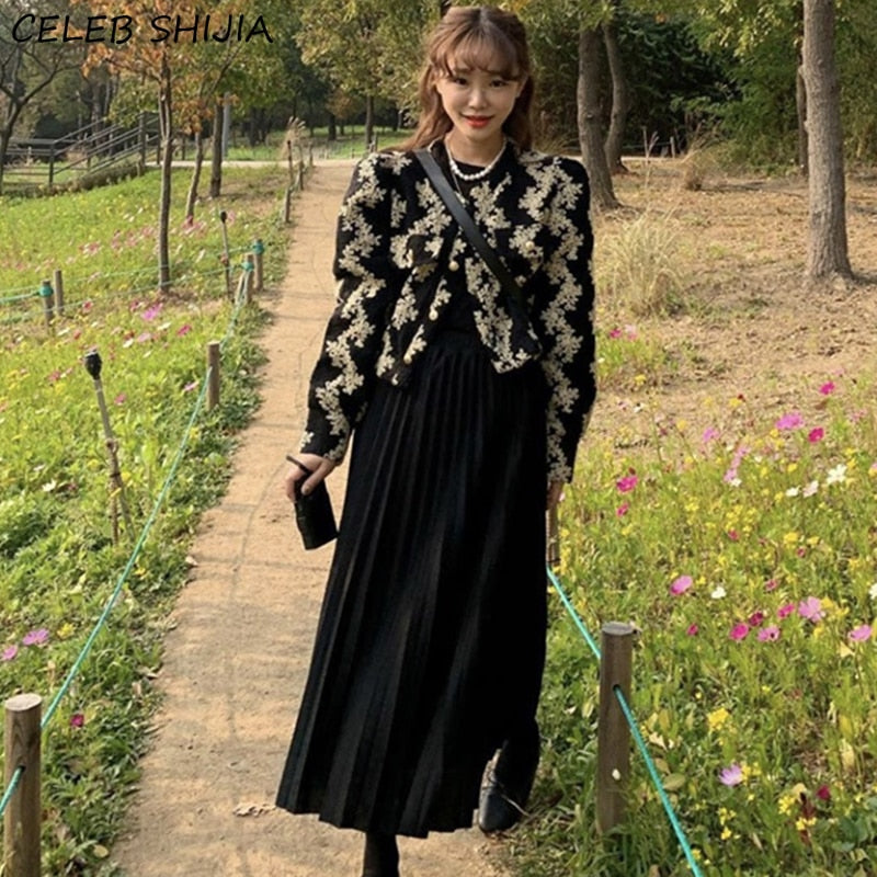 New Autumn Jacquard Dress Sets Woman Fall Long-sleeve Jacket + Black Skirts Korean Vinatge Two Piece Suits Single-breasted Sets