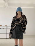 Thanksgiving Day Gifts NEW Women Punk Gothic Striped Long Sleeve Loose Patchwork Sweater Hip Hop Retro Oversize Pullover Casual Knitted Jumpers