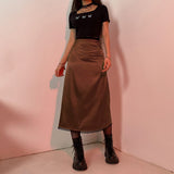 Peneran Christmas Gift Vintage 90s Plaid High Waist Brown Midi Skirts Indie Aesthetics Printing A-Line Long Skirt Y2K E-Girls Streetwear Summer
