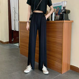 Christmas Gift High Quality 2021 Summer Wide Leg Ice Silk Pants Women High Waist Loose Casual Long Stacked Slit Pants Basic Women's Trousers