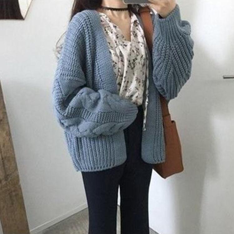 Christmas Gift Pure Color Casual Loose All-match Long-sleeved Twist Knit Sweater Keep Warm Cardigan Jacket Women Autumn Winter 2021 Korean Top1119