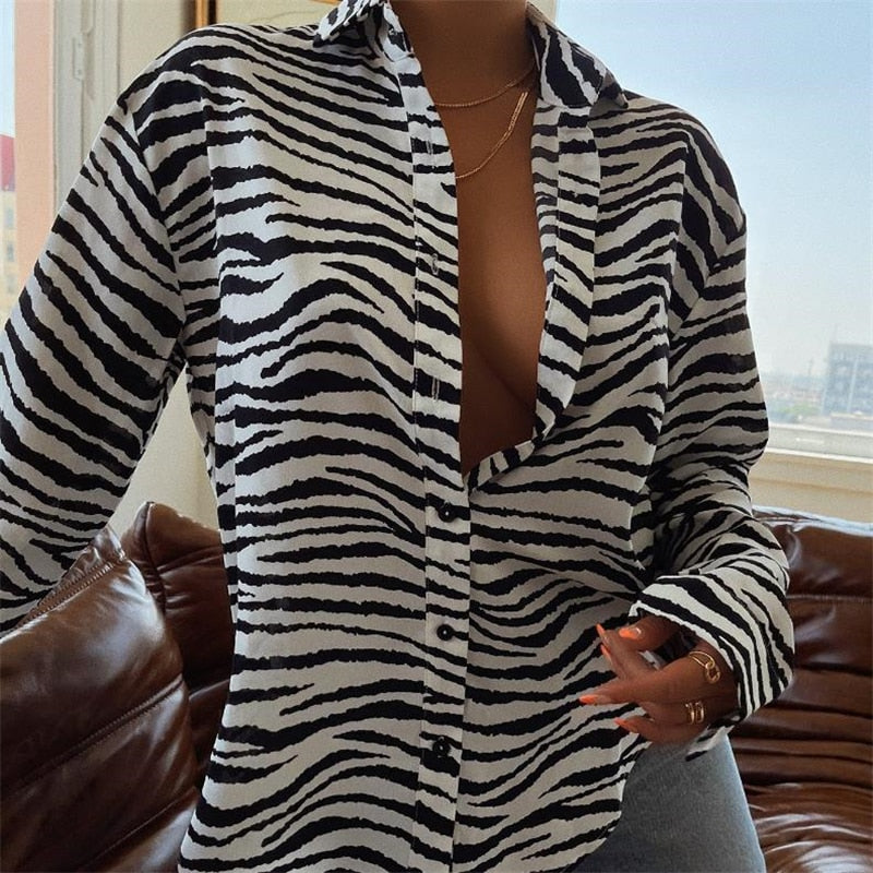Peneran Back To School Fashion Women's Shirts Button Down Lapel  Abstract/Zebra Print Long Sleeve Loose Shirt Femme Tops  2022 Autumn New