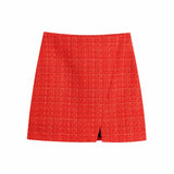 Peneran Tweed Two Pieces Set Women Red Vintage V Neck Long Sleeve Office Lady Slim Blazer Coat Female Hight Waist Skirt Suit