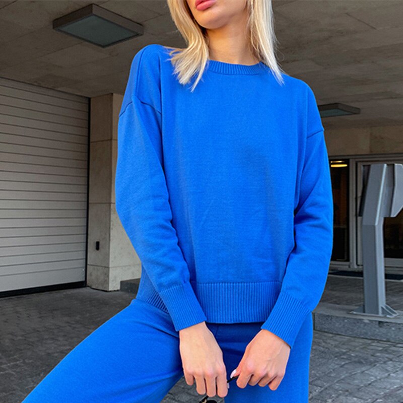 Peneran Knitted Women's Sets 2 Piece Outfits Solid Casual Pullover Tops High Waist Long Pants 2022 Winter Oversize Sweater Suits Blue