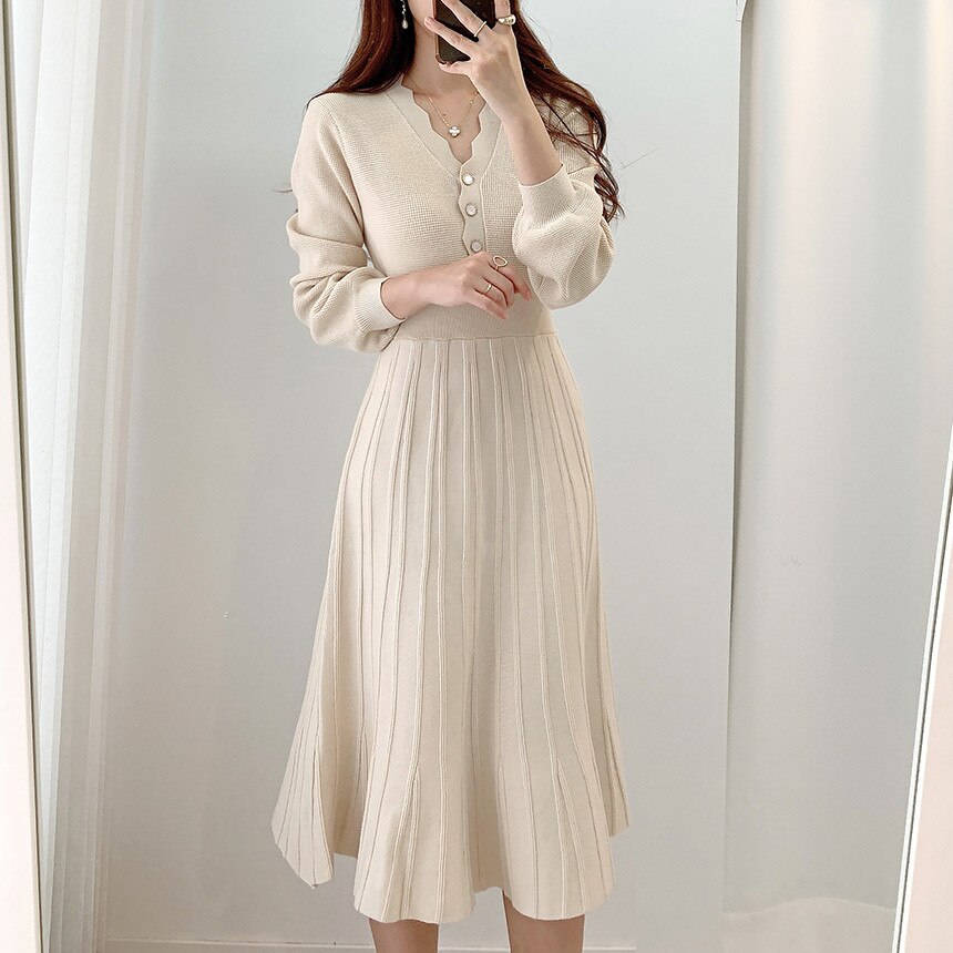 Croysier Dresses For Women 2021 Elegant Office Autumn Winter Dress Wave Edge V Neck Long Sleeve Casual Knitted Midi Dress