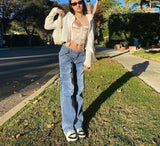 Women Y2K Blue Jeans Retro Sashes Denim Baggy Pants Ruched Drawstring Cargo Pants Big Pockets Trousers Fall Streetwear Jean 2022