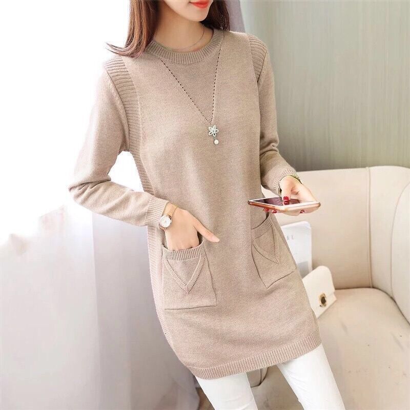 PENERAN Sping Winter Women Black Sweaters Casual Solid O-Neck Long Sleeve Knit Sweaters Loose Pockets Mid Length Pullover Female Tops