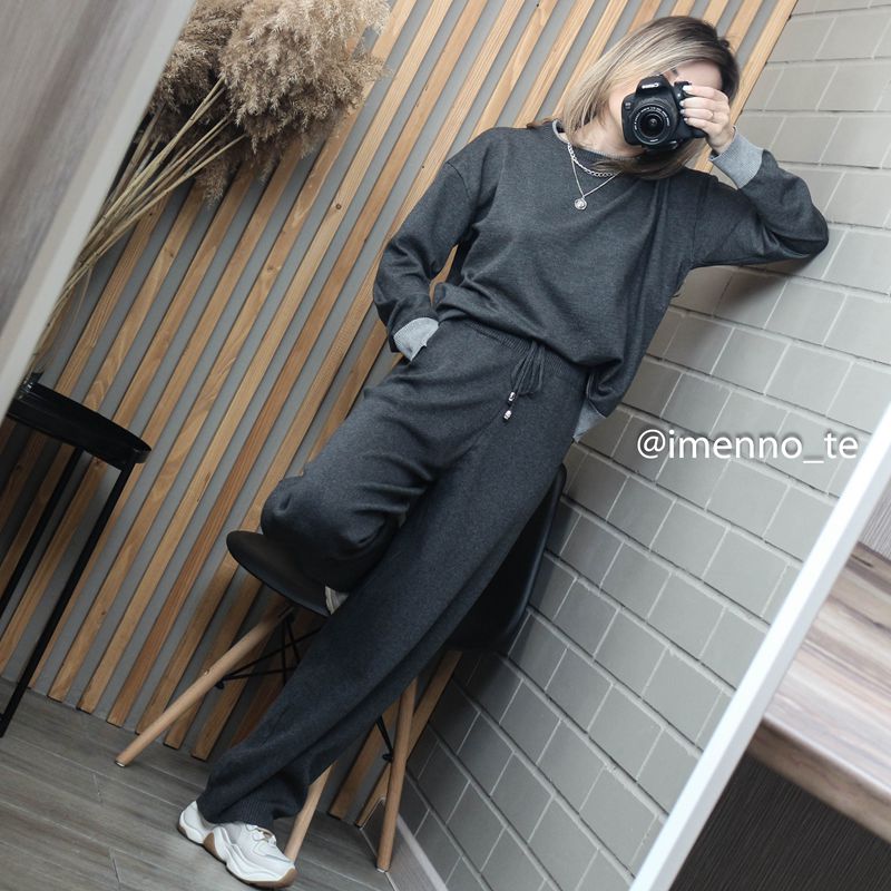 Christmas Gift  Drawstring Knitted Wide Leg Women Straight Pants Suits Chic O Neck Women Pullover Sweater Tops 2/Two Piece Tracksuits