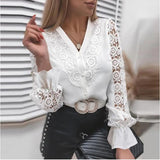 White Elegant Lace Hollow Out Women Blouse 2021 Spring Long Sleeve Shirts Y2K Buttons Mesh Top Autumn Vintage Ladies Clothes