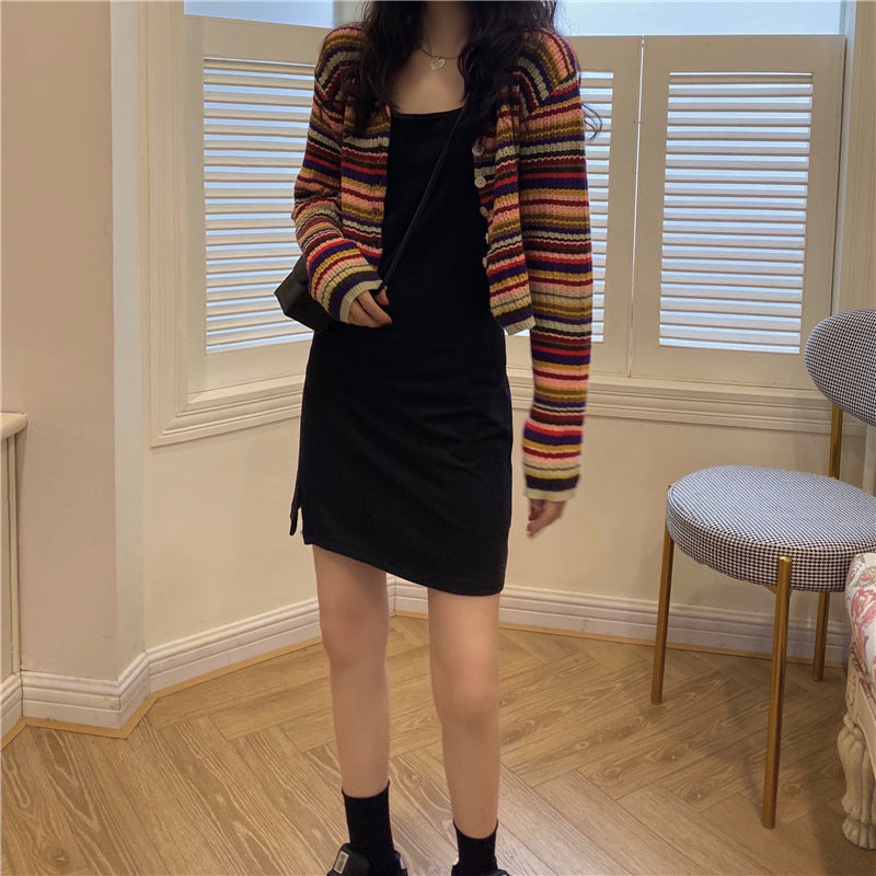 Womens Vintage Multi Striped Cardigan Button Up Crop Sweater Slim Fit Knitted Top Korean Fashion Alternative Girl Outfit
