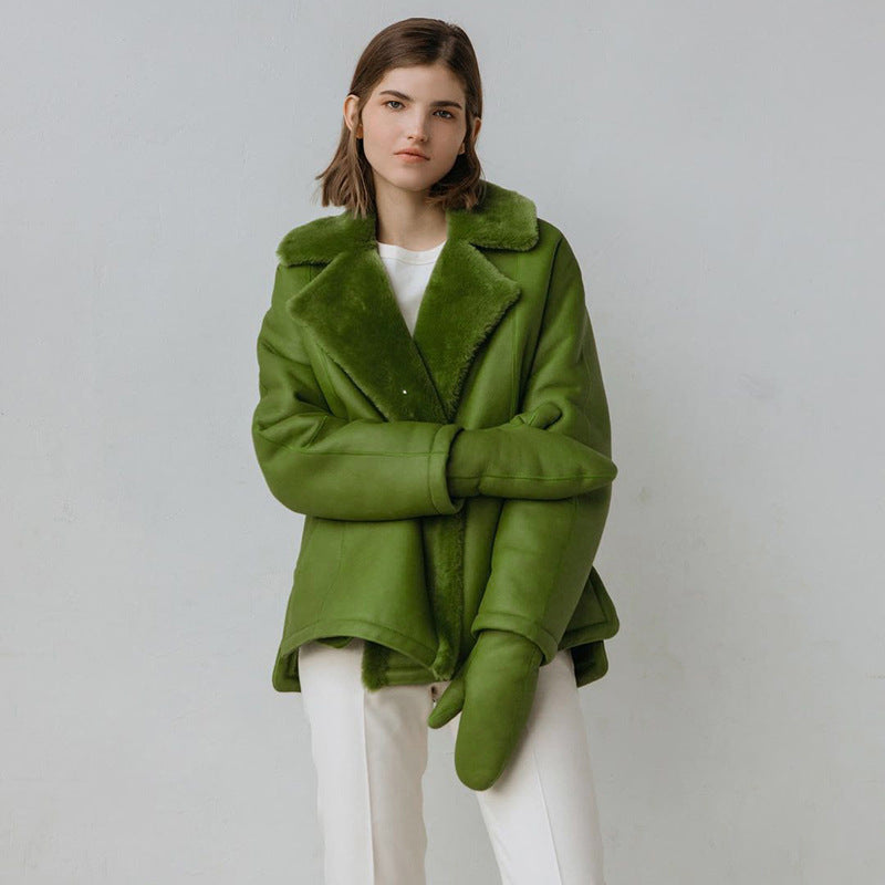 Christmas Gift  Winter Two-sided Fleece Faux Leather Jacket Women PU Flocking Lapel Woolen Coat Female Dark Buckle Loose Overcoat 2021