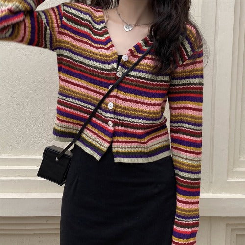 Womens Vintage Multi Striped Cardigan Button Up Crop Sweater Slim Fit Knitted Top Korean Fashion Alternative Girl Outfit