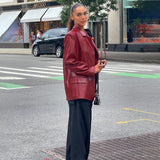 Casual PU Leather Blazer Cardigan Women Loose Long Sleeve Pockets Outerwear Autumn 90s Harajuku Streetwear Office Ladies