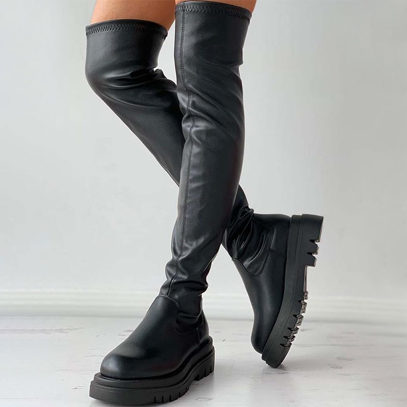 Cyber Monday Sales Women Over The Knee Boots Pu Leather Autumn Winter Soft Platform Ladies Shoes 2022 Fashion Female Boot Women's Long Boots