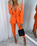 Thanksgiving Day Gifts Women Open Front Blazer Top +Pant Fall 2 Piece Sexy Club Outfits Solid Tie Front Blazer & Pants Set Orange Pants Suit Streetwear