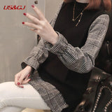 PENERAN Sweaters Women 2022 New Casual Fake Two Piece Sweaters Plaid Shirt Patchwork Black Long Sleeve Loose Pullover Sweaters Female