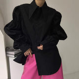 Peneran Retro Lazy Style Single Breasted Loose Pleated Bubble Sleeve Blouse Outerwear Coats Coat Women Autumn Office Lady