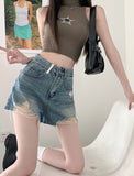 back to school 2023 Denim Shorts Women's Summer Blue Commuter New Vintage Sweet and Spicy S-XL size Perforated Contrast Fleece Wide Leg Hot Pan