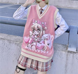 Peneran Women Loose Knitted Vest Sweater Japanese Preppy Sweet Cute V Neck Sleeveless Sweater Female Ulzzang Kawaii Girl Cartoon Tops