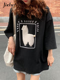 Peneran Cartoon Alpaca Animal Printed Casual Loose M-XL Size Korean Style 2022 Summer Short Sleeve Women Top Female T-Shirts