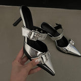 Peneran Fall outfits back to school Punk Goth Metal Buckle High Heels Sandals Women 2023 Summer Pointed Toe Silver Party Shoes Woman Korean Style Thin Heels Sandals