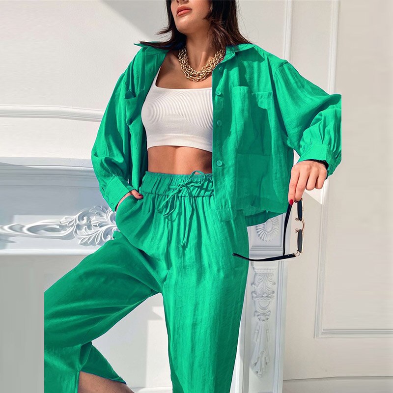 PENERAN Back To School Women Casual Suits Long Sleeve Lapel Shirt Top And Slit Wide Leg Pants Two Piece Set Female Fashion Tracksuit Outfit