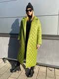 Peneran Winter Woman Coat 2023 Long Straight Rhombus Pattern Parkas Green Casual Sashes Windproof Warm Thick Coat Elegant Female Outwear