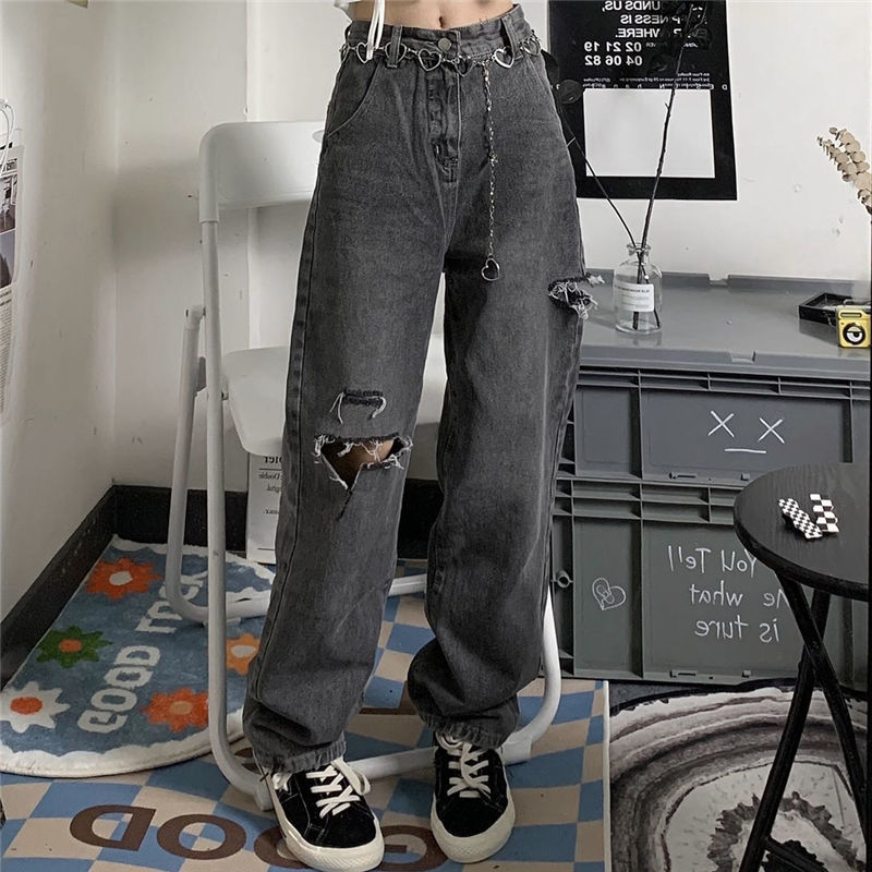 Vintage streetwear y2k dark gray ripped jeans for women 2022 new design high waist jeans loose straight wide leg y2k jeans women