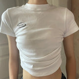 Peneran Back to School Women White Cotton T-shirts Korean Fashion Harajuku Crop Tops Y2k Short Sleeve Tee Sexy Tunic Folds Tshirt Streetwear