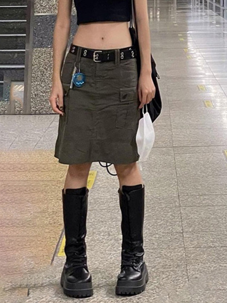 Peneran y2k Grey Cargo Skirts Pockets Low Waisted Grunge Fashion Streetwear Straight Skirts Aesthetic Korean Outfits Chic New