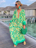 Peneran 2023 Women Vintage Maxi Dress Sexy Deep V-neck Long Sleeve Boho Print Long Dresses Summer Beach Holiday Loose Dresses Vestidos