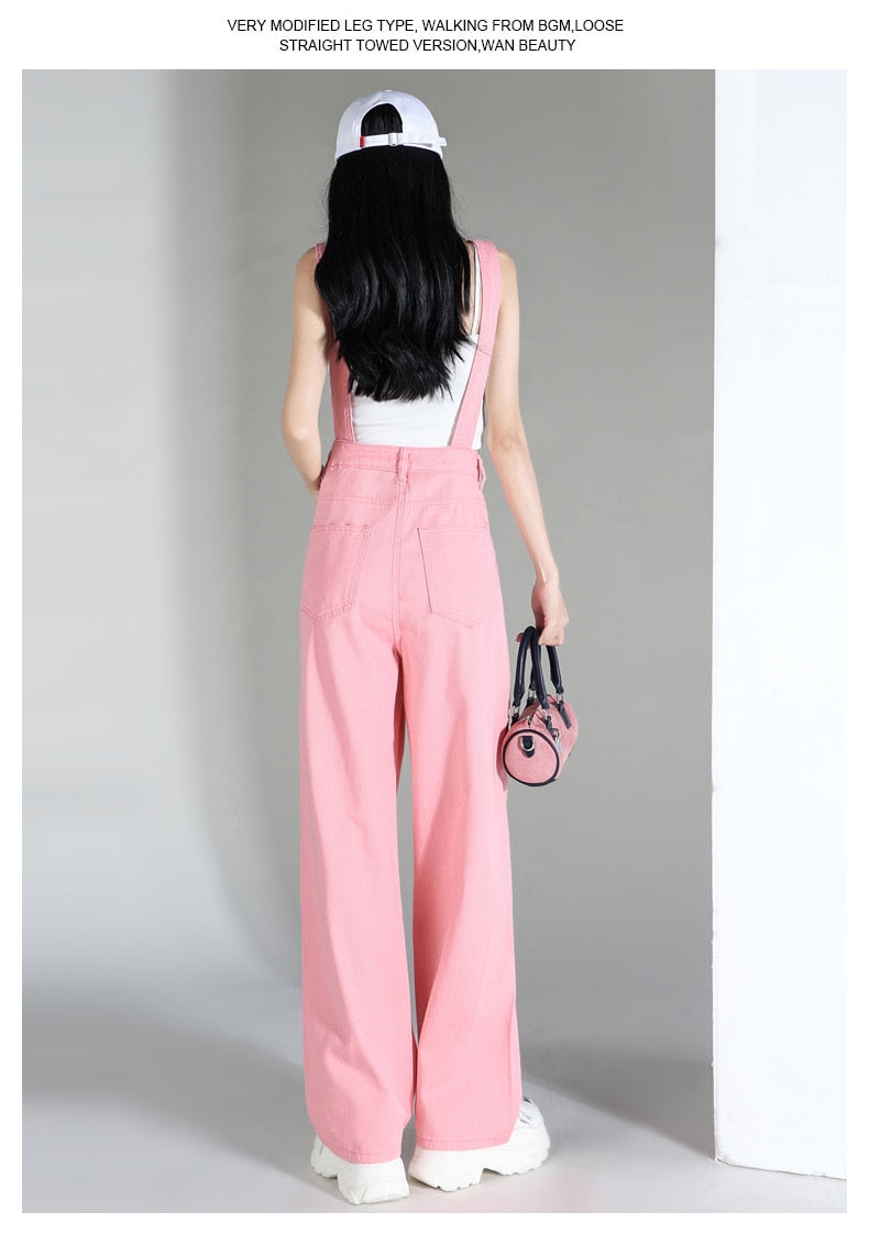 back to school Jeans Women's Pink Spring/Summer 2023 New Large Strap Pants Fashion Trend High Waist Loose Reducing Age Floor