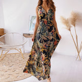 Peneran Women's Floral Print V-Neck Long Dress Summer Fashion Lace-Up Sleeveless Elegant Dresses Vintage Backless Casual Beach Dress