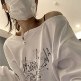 Black Friday Sales White Tshirts Women Long Sleeve Y2k Top Korean Fashion Graphic Off Shoulder Oversize Tees Black Harajuku T-Shirt Vintage