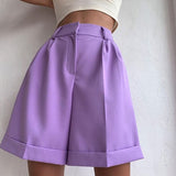 Back to School New 2022 Wide Leg Loose Bermuda Shorts For Women High Waist Purple Or Black Cotton Shorts Free Belt High Quality Bermuda Femme