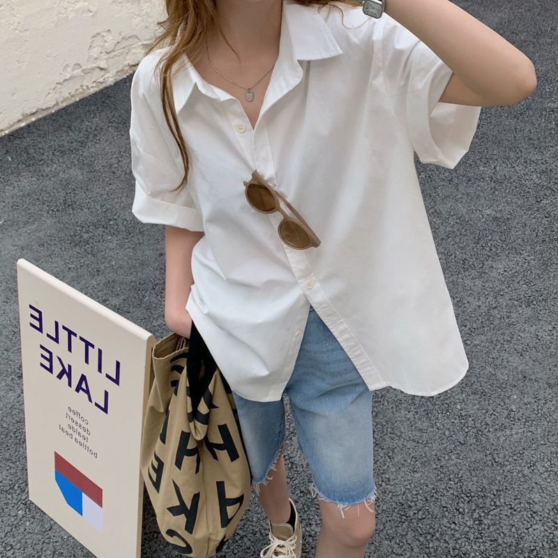 Peneran Women White Blouses Short Sleeve Korean Fashion Tops Female Shirts Casual Basic Cardigan Streetwear Loose All-match