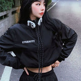 Peneran Women Black Cropped Jackes Y2k Streetwear Female Trench Coat Techwear Gorpcore Korean Harajuku Fashion Zipper Jacket