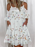 PENERAN Women V-Neck Short Sleeve Ruffles Mini Dresses Elegant White Color Embroidery Lace Mesh Party Dress Lady Casual Summer Dress 5XL