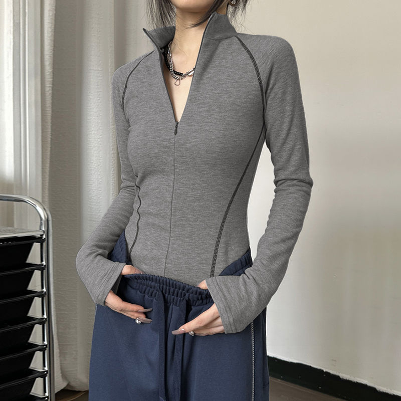 Peneran Vintage Zipper T-shirts Women Sexy V-neck Y2k Streetwear Long Sleeve Tees Techwear Female Harajuku Fashion Casual Tops