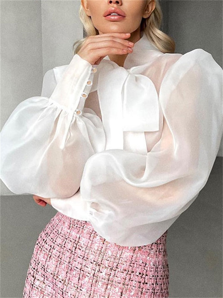 Peneran White Chiffon Top Shirts For Women Elegant Long Lantern Sleeve Mesh T-shirt See-Through Blouse Bow Sheer Ladies Shirts