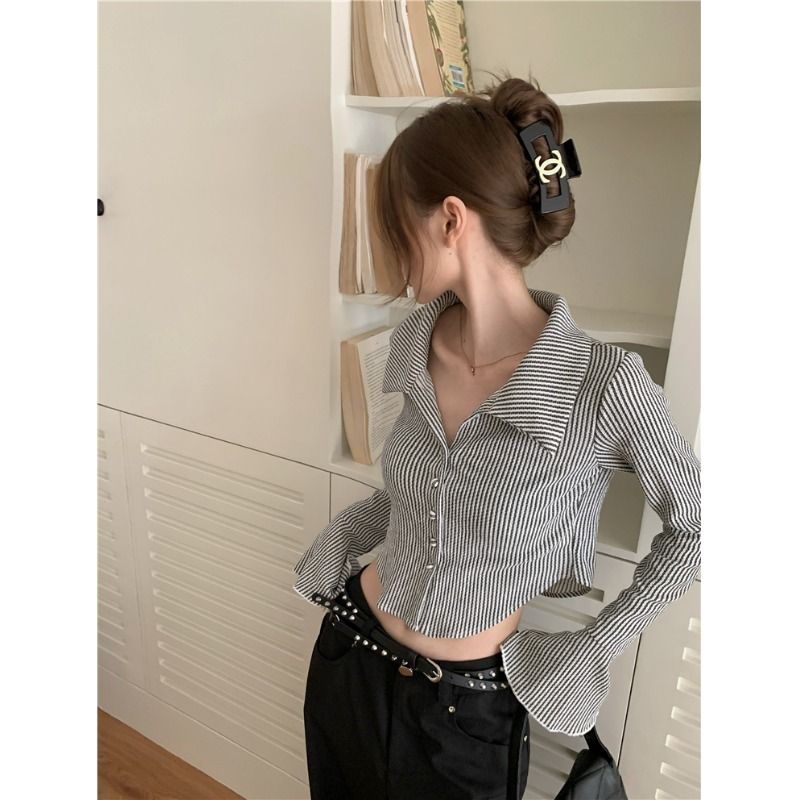 Peneran Harajuku Y2k Striped Women Blouses Vintage Flare Sleeve Sexy Crop Tops Korean Style Streetwear Slim Button Up Shirts