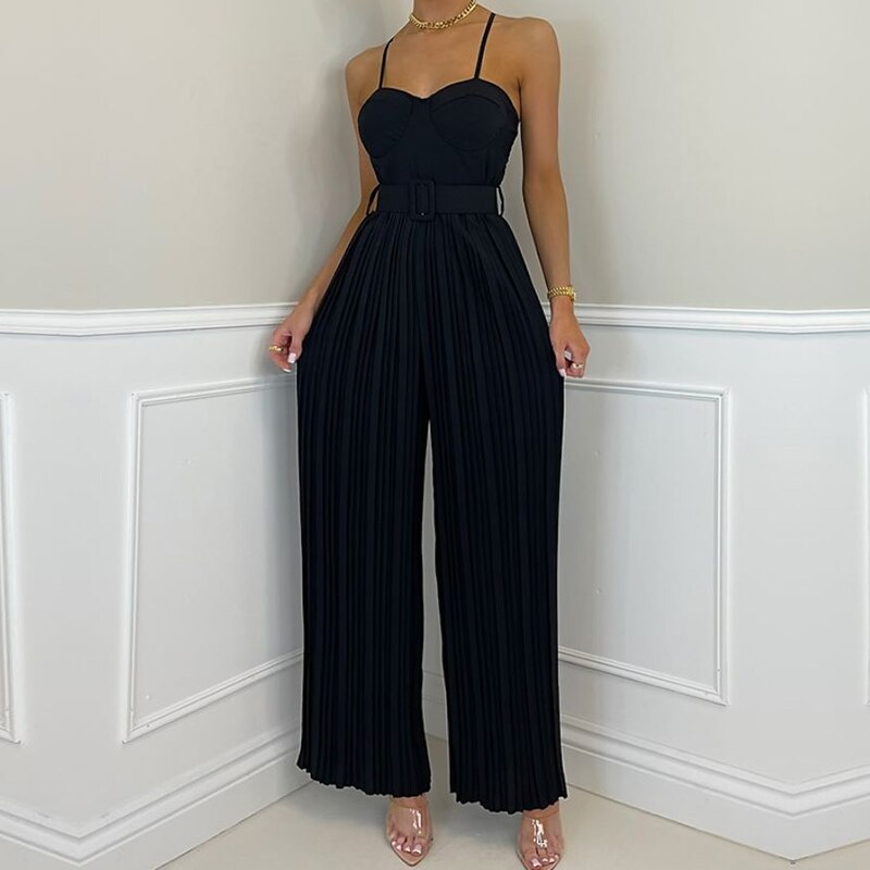 PENERAN Women Wide Leg Pants Romper Fashion Casual Solid Color Spaghetti Strap Pleated Long Jumpsuit Sexy Party Backless Playsuits