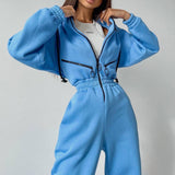 Peneran Casual Hoodie Jumpsuits Women Autumn Winter Zipper Drawstring Hooded Jacket Pants Suit Elastic Solid Rompers Tracksuits 2022