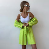 PENERAN 2022 Fashion Green Suit Women Casual Loose High Waist Shorts Set Female Elegant Long Sleeve Blouse Top Two Piece Set Outfits