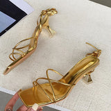 PENERAN 2023 Fashion Women Sandals Gold Silver Thin Low Heel Lace Up Rome Sandals Summer Gladiator Casual Sandal Narrow Band Shoes