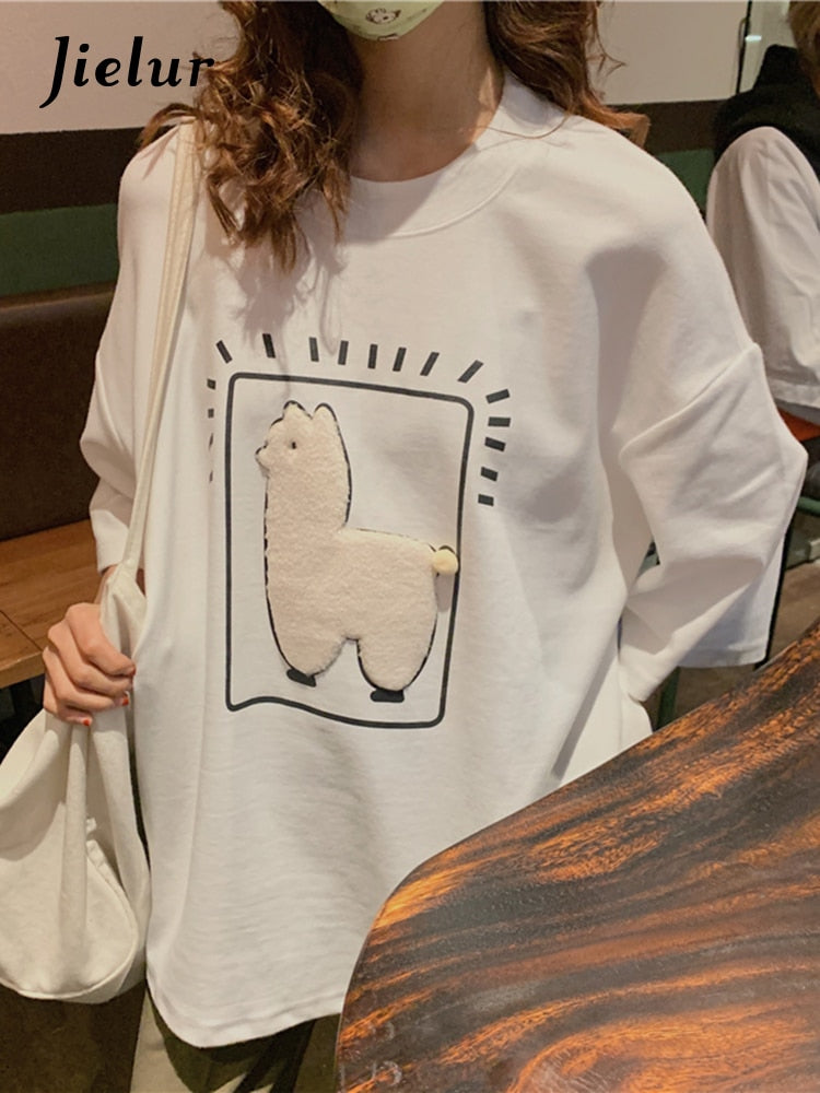 Peneran Cartoon Alpaca Animal Printed Casual Loose M-XL Size Korean Style 2022 Summer Short Sleeve Women Top Female T-Shirts