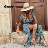 Peneran Summer Boho Long Dress Women Vintage Paisley Print V-Neck Beach Style Maxi Dress Elegant Short Sleeve Belted Split Dress Robe